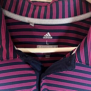 Adidas Navy and Pink Striped Polo Shirt